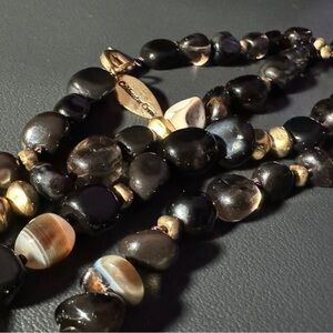 Classic Beaded Necklace with labradorite, smoky quartz, onyx, gold-toned beads.